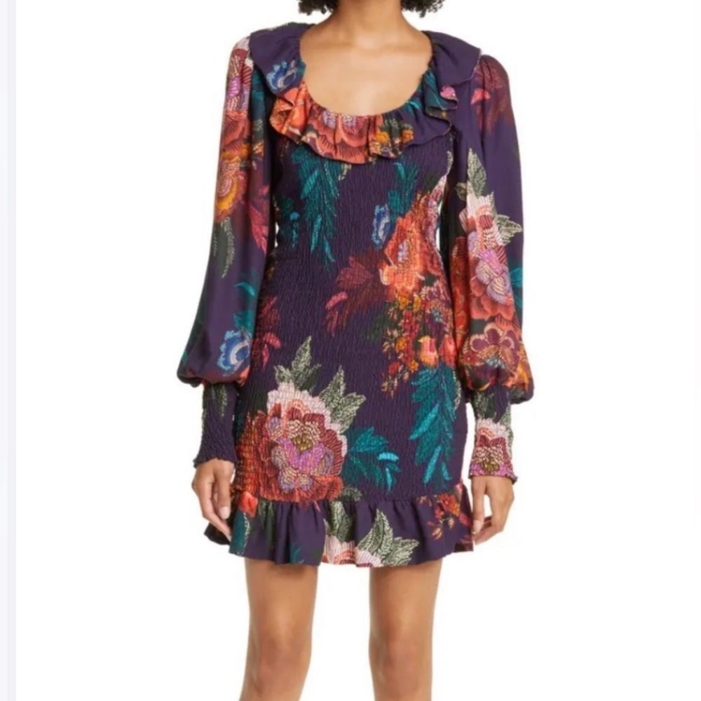 Farm Rio Flower Scarves Smocked Minidress Size L - Like New